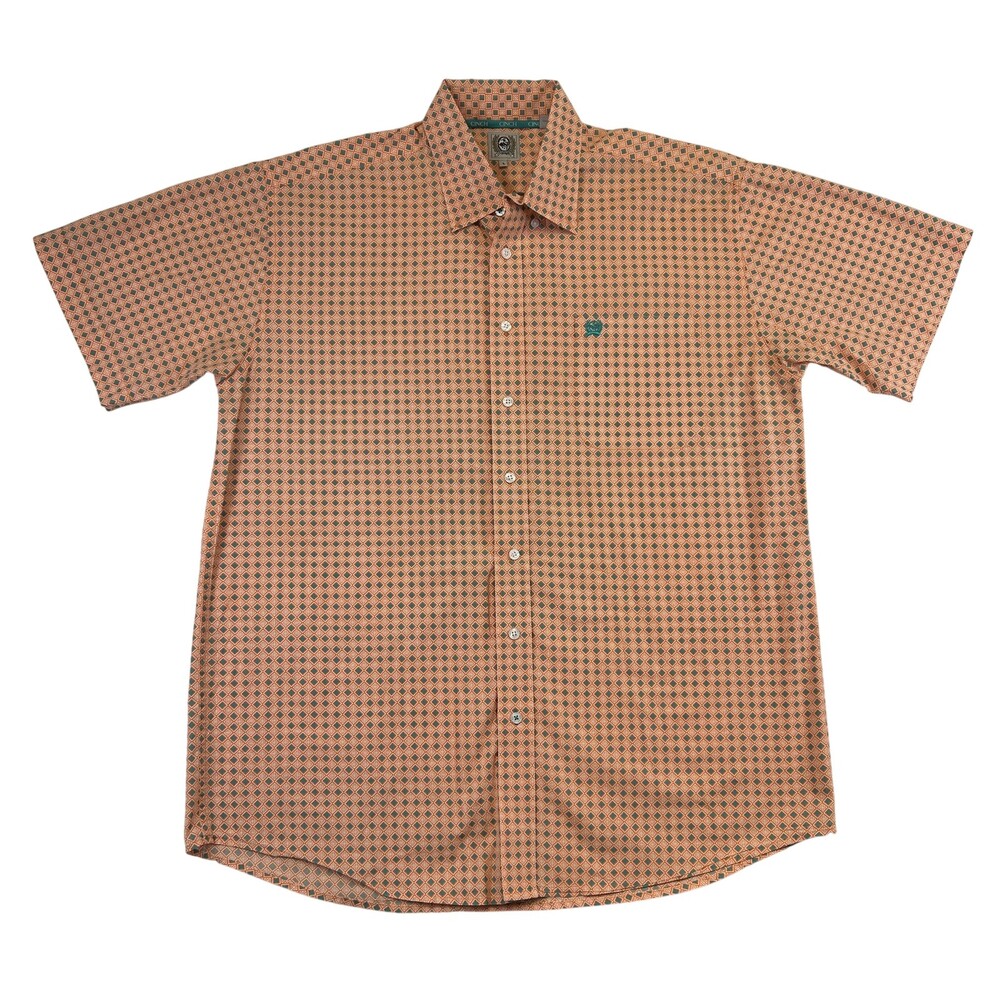 Cinch Shirt Mens Large Orange Argyle Short Sleeve Western Cotton Button-Up